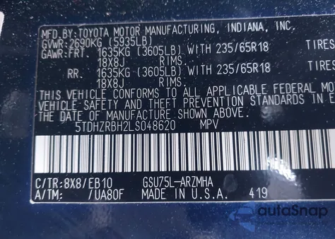 2020 Toyota Highlander Xle z USA, uszkodzony, nr VIN 5TDHZRBH2LS048620